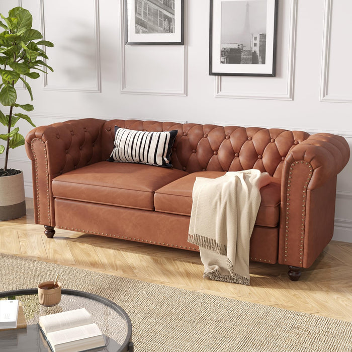 FiveWillowise 72 Inch Brown Couch, Chesterfield Faux Leather Sofa with Wooden Legs, Vintage Tufted Sofa with Rolled Arms, Mid Century Modern Couch with Rivets for Living Room, Apartment, Office