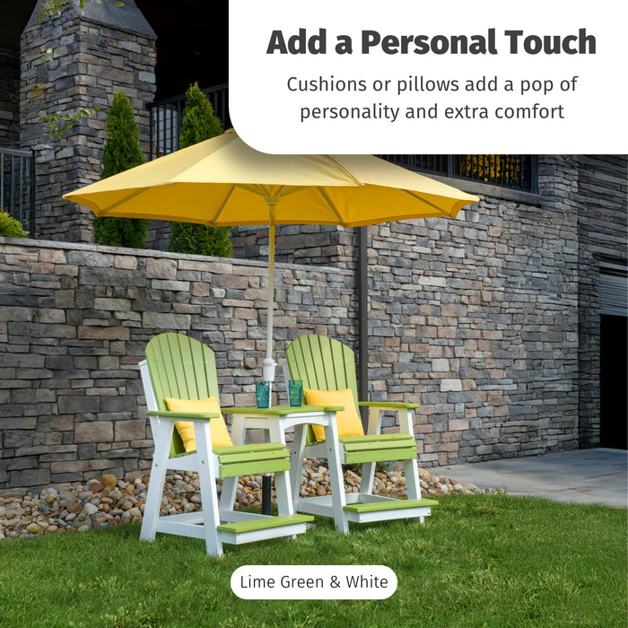 LuxCraft Poly Tete-a-Tete Patio Table and Counter Height Balcony Chairs with Umbrella Hole, Weatherproof Outdoor Patio Furniture Set for Outside - Amish Made in USA (Aruba Blue & White)