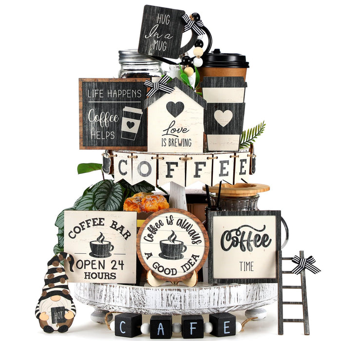 Mifoci 17 Pcs Coffee Tiered Tray Decorations Wooden Coffee Bar Decor Farmhouse Bar Accessories Gnome Wooden Table Sign for Table Kitchen Winter Valentines Gift