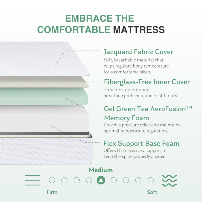 Queen Mattress in a Box, 10 inch Mattresses for Platform Bed Double Size Daybed, Green Tea Memory Foam Medium Firm