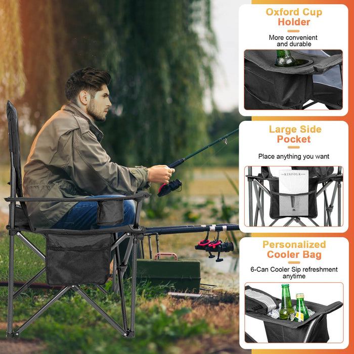Romswi Oversized Camping Chairs,Heavy Duty Support 500 LBS,Padded Back & Arm Sport Chairs, Cup Holder Cooler Bag, Collapsible Folding Chairs for Outdoor, Fishing & Garden, Black,2-Pack