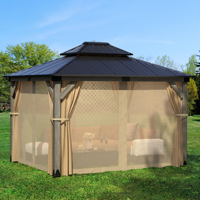 SUNBURY 10'x12' Outdoor Cedar Wood Gazebo, 2-Tier Metal Hardtop Wooden Frame Gazebo for Patio with Privacy Curtains and Mosquito Nettings for Gardens, Lawns, Backyard, Poolside (Grey Frame)