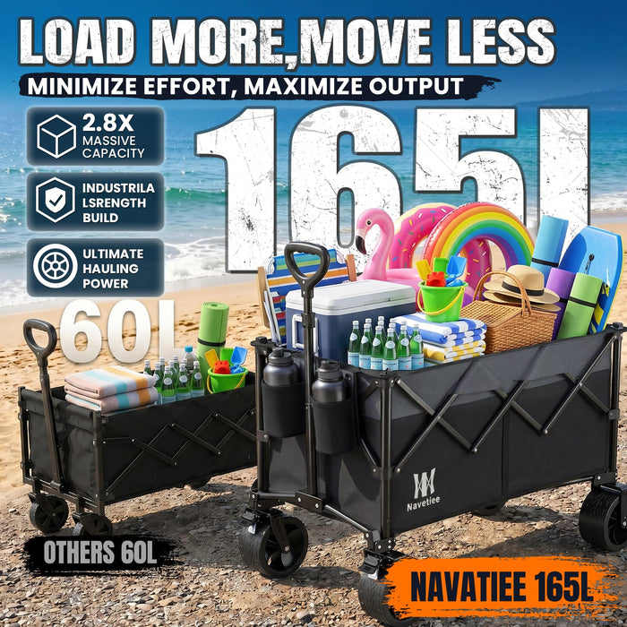 Navatiee 330Lbs Collapsible Folding Wagon, Beach Wagon Cart Heavy Duty Foldable with Big Wheels, Utility Grocery Wagon with 165L Large Capacity for Camping Garden Sports, Black