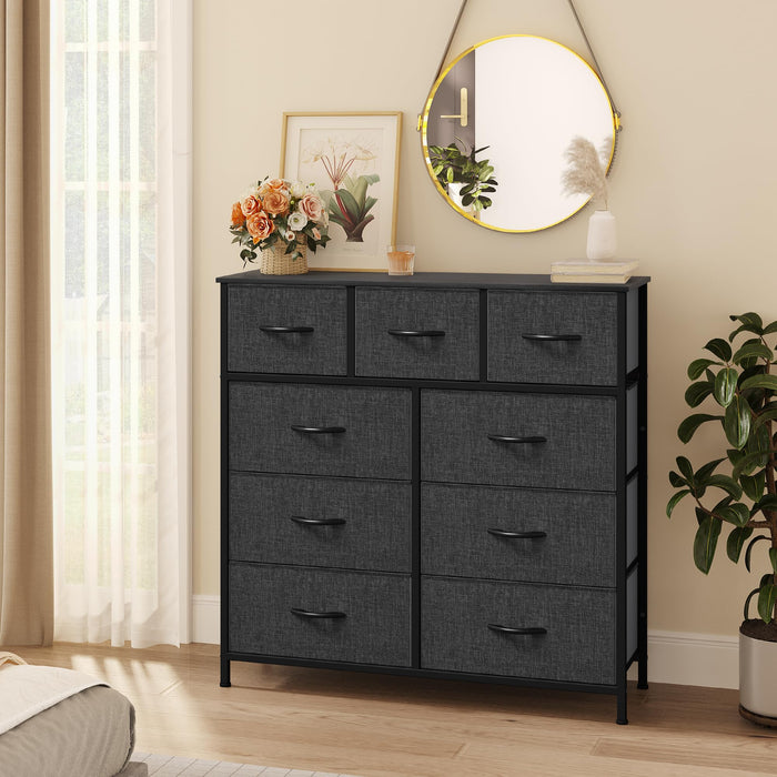 YITAHOME Dresser with 9 Drawers - Fabric Storage Tower, Tall Chest Organizer Unit for Living Room, Entryway with Sturdy Steel Frame, Wooden Top, Black Grey