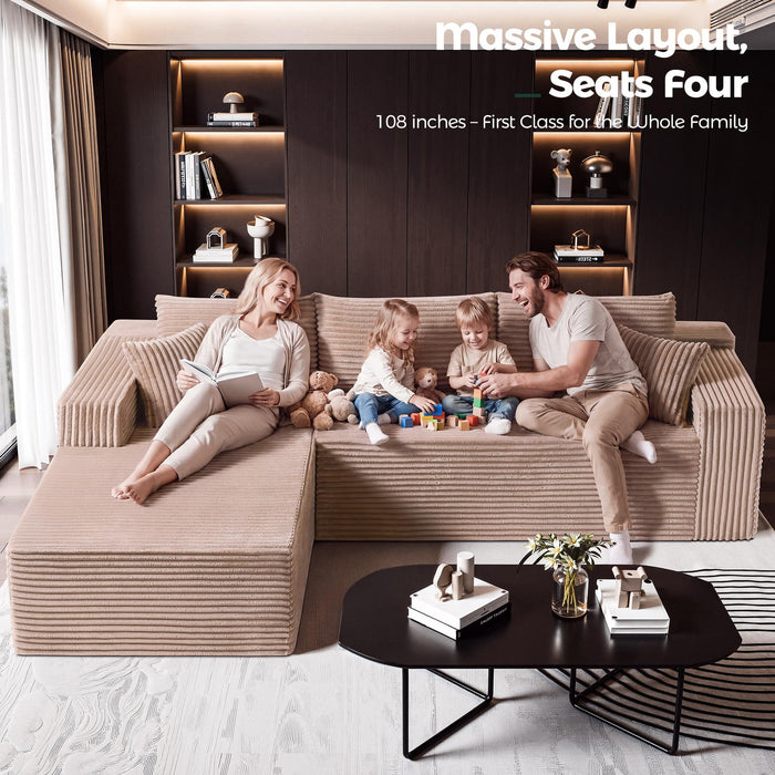 PLIXSET 108" Camel L-Shaped Sectional Couch for Living Room, Modular Corduroy Sofa with Right Facing Chaise, Boneless Deep Seat Design, No Assembly