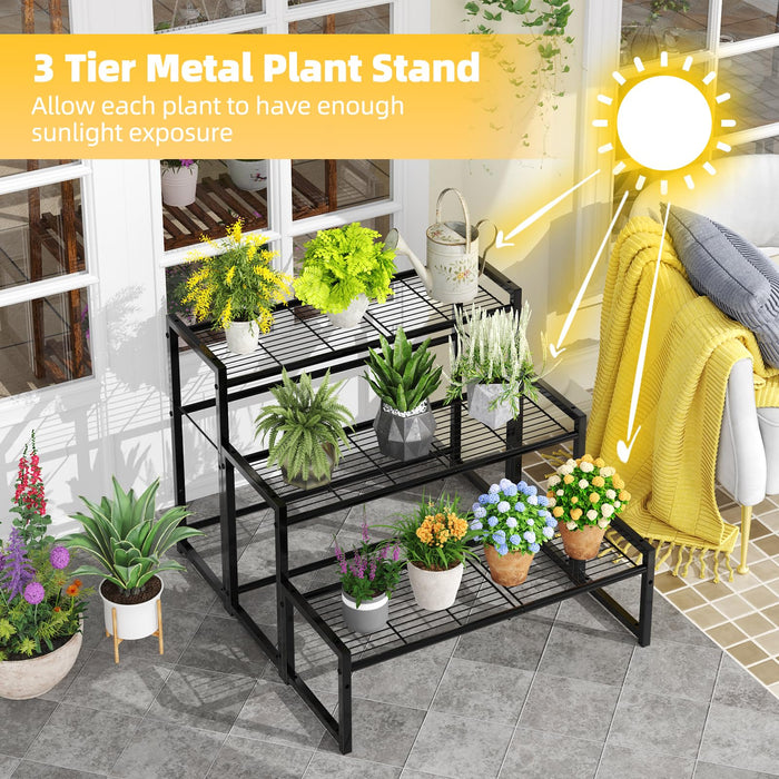 Simple Trending 3 Tier Metal Plant Stand Outdoor Indoor Waterproof, Stackable Heavy Duty Tall Plant Shelf Flower Pot Holder for Garden, Display Rack, Black