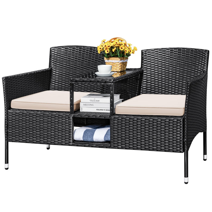 Devoko Outdoor Patio Loveseat Rattan 2-Seat Patio Conversation Set, Beige