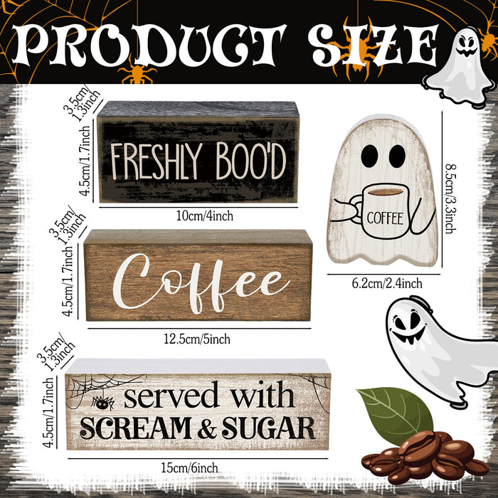 Lineshading 4 Pcs Halloween Coffee Table Decor Wooden Ghost Coffee Bar Sign