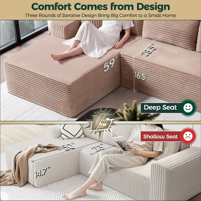 PLIXSET 108" Camel L-Shaped Sectional Couch for Living Room, Modular Corduroy Sofa with Right Facing Chaise, Boneless Deep Seat Design, No Assembly