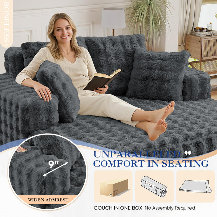 Antetek Oversized Chaise Lounge Indoor, Modern Comfy Bubble Faux Fur Fabric Deep Seat Boneless Sleeper Chaise Lounge Sofa Chair with Pillows for Living Room Bedroom Studio, No Assembly Couch, Grey