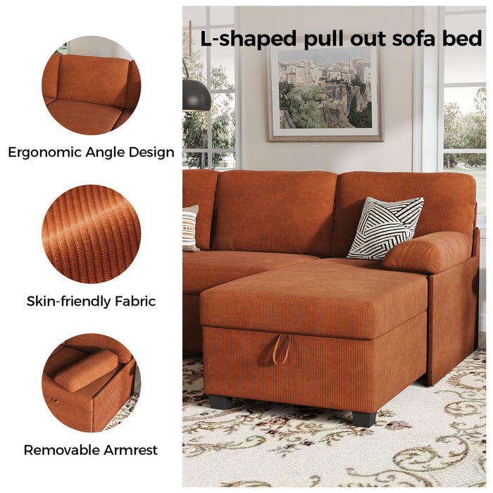COPIAE 80 inch Convertible Sectional Sofa, L-Shaped Sofa Sleeper with Reversible Chaise,Couch Bed with Storage,Removable Armrest,Modern Pull Out Bed for Living Room Bedroom,Corduroy Rust