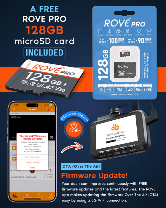 ROVE R2-4K DUAL Dash Cam Front and Rear, STARVIS 2 Sensor, FREE 128GB Card Included, 5G WiFi - up to 20MB/s Fastest Download Speed with App, 4K 2160P/FHD Dash Camera for Cars, 3" IPS, 24H Parking Mode