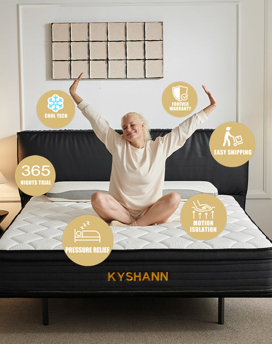 KYSHANN 12 Inch Queen Size Mattress,Medium Firm Memory Foam Spring Hybrid Mattress in A Box,Motion Isolation,Cool Sleep,Pressure Relief,Easy Shipping Compressed,365 Night Trial,Forever Warranty