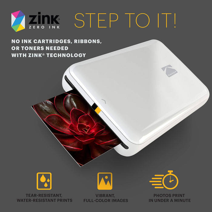 KODAK Step Instant Smartphone Photo Printer - Portable Mini Color Wireless Mobile Printer - Zink 2x3” Sticky-Back Photos - Bluetooth Compatible with iOS & Android Devices - Fun Editing App - White