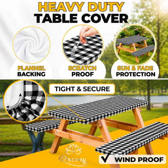 RNOONY Vinyl Fitted Picnic Table Cover with Bench Covers and Bag, 6ft Outdoor Waterproof Windproof Tablecloth with Elastic Edges. Camping RV Gear Campers Must Have 72x30 Inches 4 Pcs Set (Black)