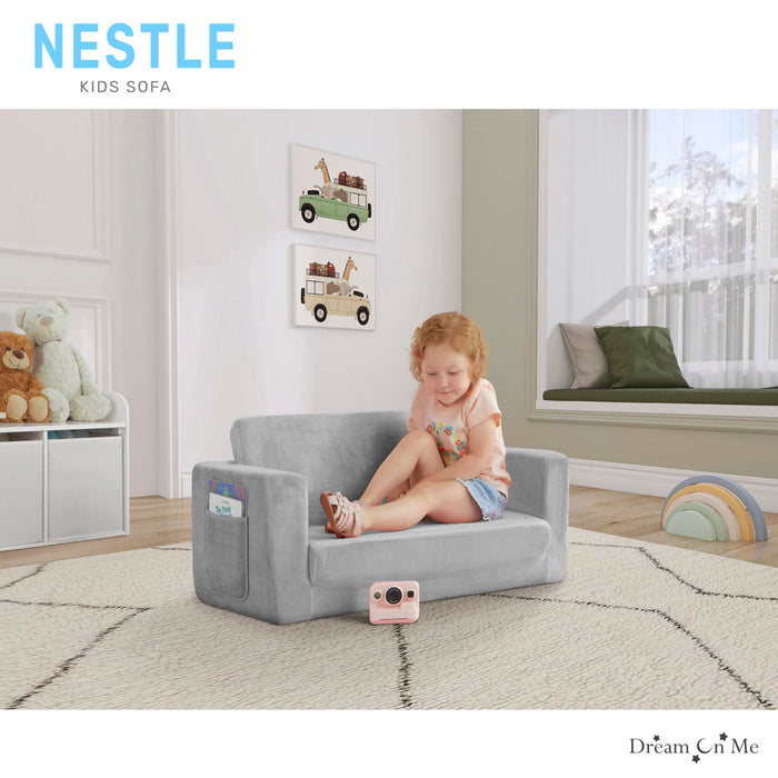 Dream On Me Nestle Kids Sofa in Grey, 2-in-1 Kids Sofa Couch, Convertible Sofa to Lounger, Low to Floor Design, Machine Washable Fabric Cover