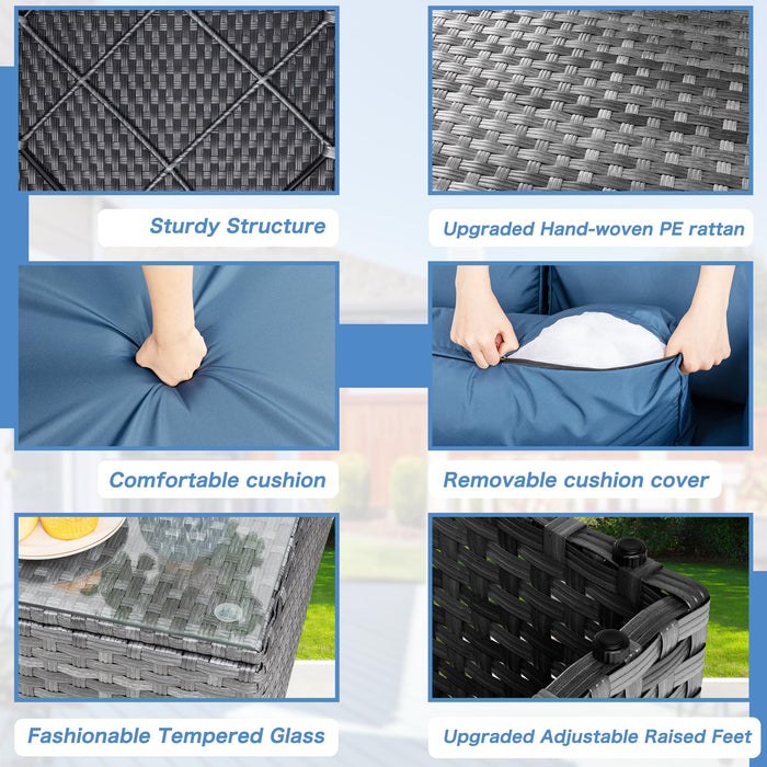 Shintenchi 7 Pieces Outdoor Patio Sectional Sofa Couch, Silver Gray PE Wicker Furniture Conversation Sets with Washable Cushions & Glass Coffee Table for Garden, Poolside, Backyard (Aegean Blue)