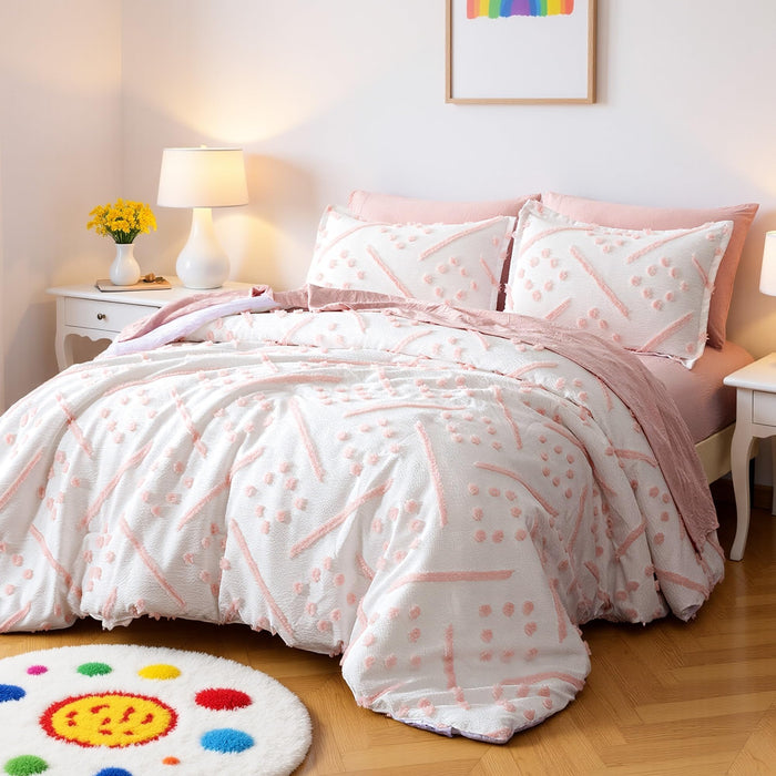 Amazon Basics Kids' Pink Bedding Set, 7-Piece Jacquard Microfiber Bed-in-a-Bag with Comforter, Fitted Sheet, Flat Sheet, Pillowcases, Pillow Shams, Deep Pocket 16", All-Season, Pink Tufted, Full/Queen