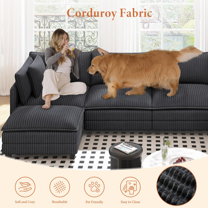 Vesgantti 109" U Shaped Cloud Sectional Sofa, Comfy Corduroy Upholstered Sectional Modular Sofas for Living Room, Modern Modular Couch with 2 Ottoman Deep Seat, Dark Grey