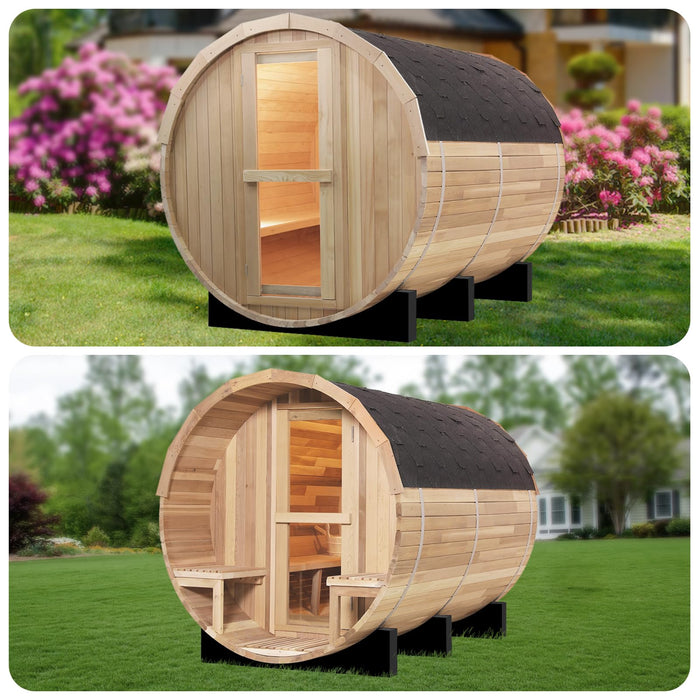 Benovo Customize Outdoor Barrel Sauna with Porch,Wood Burning Stove or Electric Stove,4-8 Person DIY Wooden Sauna Kit