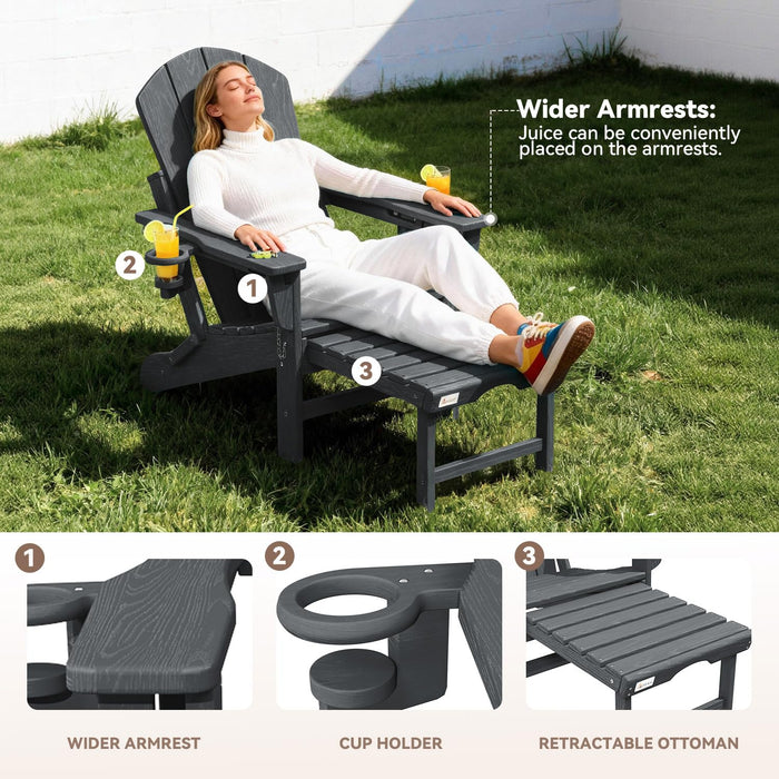 Mdeam 3-Position Adjustable Folding Adirondack Chair, 20" W | 400LBS Capacity, Retractable Ottoman, Dual Cup Holders, Wood-Like HDPE Outdoor Patio Lounge Recliner Fire Pit Chairs for Porch Deck, Grey