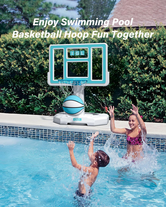 IGL Pool Basketball Hoop Outdoor, 44 Inch Outdoor Poolside Basketball Hoop, Base & Stand Double Water Storage with 2 Ball & Inflator, 18in Stainless Steel Basketball Rim, Fixed Height (44in Backboard)