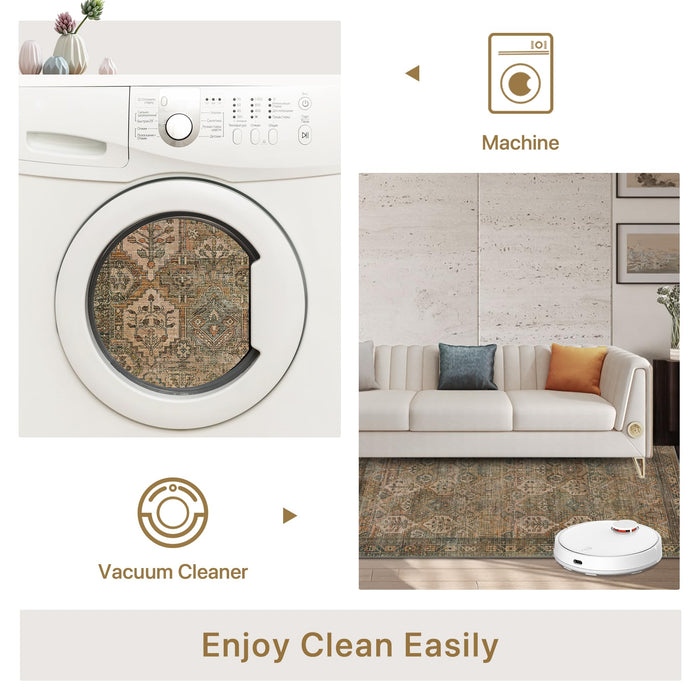 Bavni Area Rug 8x10 Machine Washable Vintage Distressed Print Ultra-Th