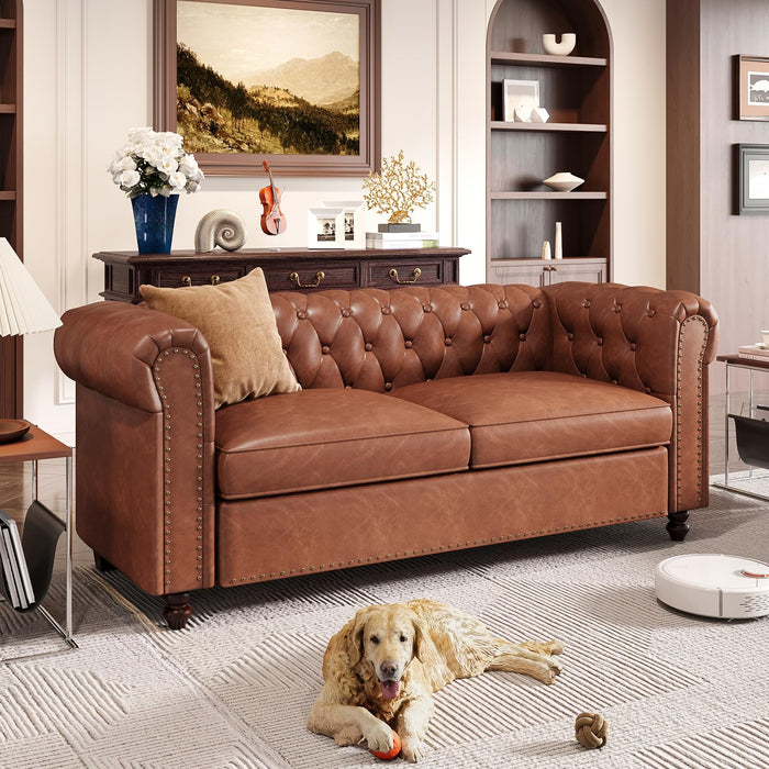 FiveWillowise 72 Inch Brown Couch, Chesterfield Faux Leather Sofa with Wooden Legs, Vintage Tufted Sofa with Rolled Arms, Mid Century Modern Couch with Rivets for Living Room, Apartment, Office