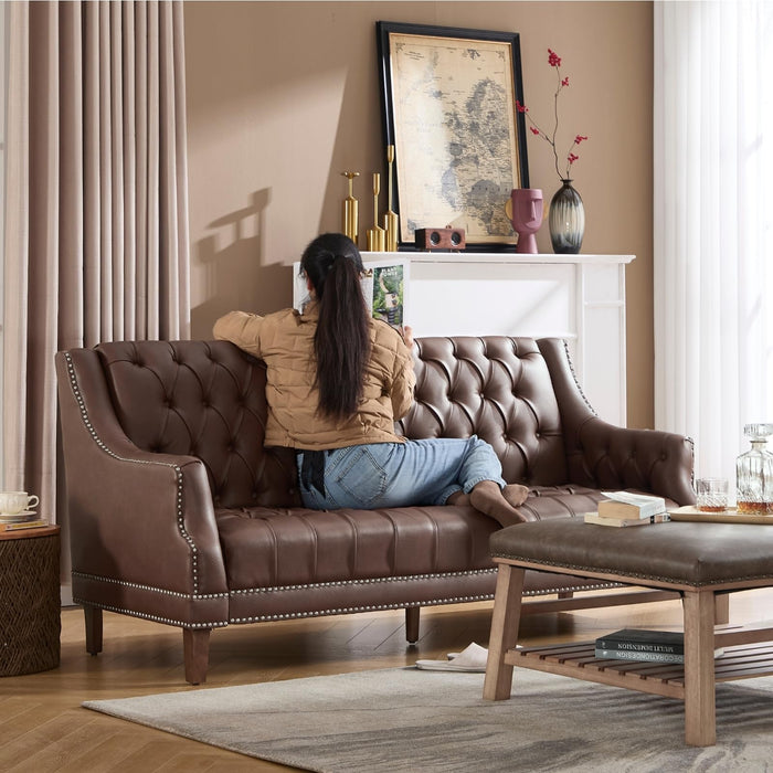 chairus Mid Century Modern 74.5" Faux Leather Sofa, 3 Seater Tufted Upholstered Couch with High Back & Nailhead Trim, Chesterfield Sofa for Living Room Bedroom Apartment Office, Brown PU