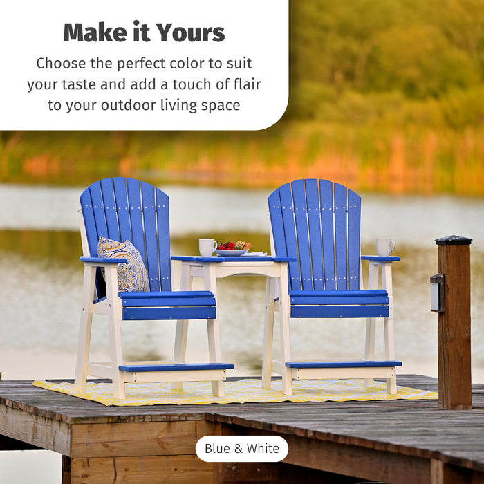 LuxCraft Poly Tete-a-Tete Patio Table and Counter Height Balcony Chairs with Umbrella Hole, Weatherproof Outdoor Patio Furniture Set for Outside - Amish Made in USA (Aruba Blue & White)
