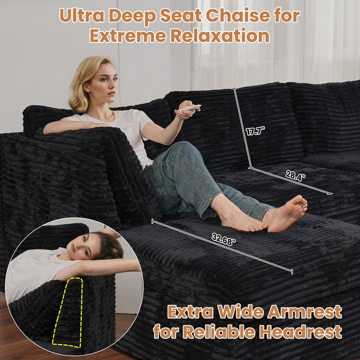 ovios Modular Sectional Sofa Couch with Sofa Bed L-Shape Chaise, Comfy Plush Corduroy Cloud Couches, Modern Deep Seat Sofas Set for Living Room, 8-Seater, Black