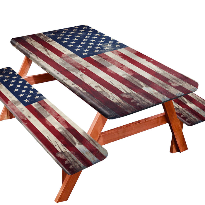 YEYE JUICE Picnic Table Cover with Bench Covers 6FT 3PCS, Camping Essentials, Fitted Camping Tablecloth Waterproof and oilproof with elastic Edge for Indoor Outdoor Patio, Retro American Flag (72inch)