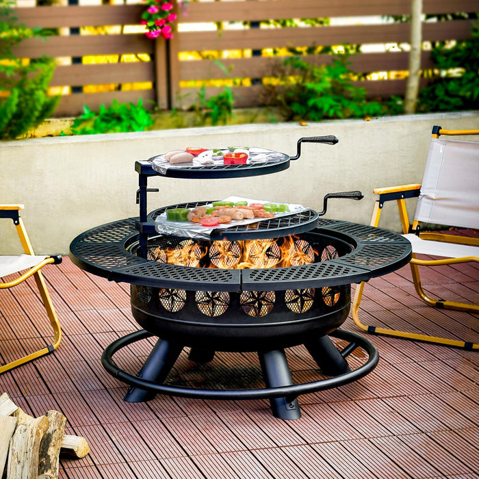 36 Inch Fire Pit with 2 Cooking Grills Outdoor Wood Burning BBQ Firepit