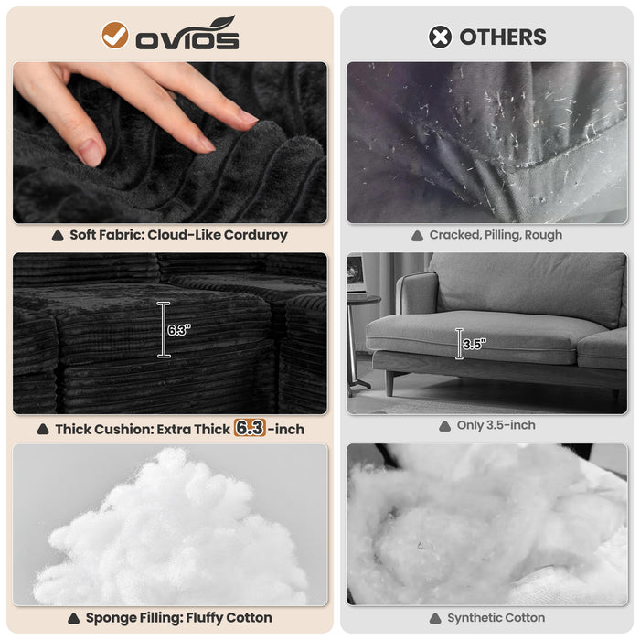 ovios Modular Sectional Sofa Couch with Sofa Bed L-Shape Chaise, Comfy Plush Corduroy Cloud Couches, Modern Deep Seat Sofas Set for Living Room, 8-Seater, Black