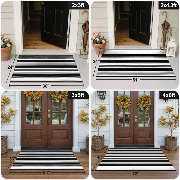OJIA Cotton Black and White Striped Rug 2x4 Hand-Woven Indoor/Outdoor Area Rug Layered Door Mats for Front Porch/Entryway/Laundry Room/Bedroom/Outdoor