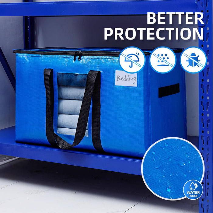 TAILI Extra Large Moving Bags, 4 Pack Blue Heavy Duty Totes For Storage with Visible Window, Wrap Around Handles, Storage Bags for Space Saving, Alternative to Moving Boxes