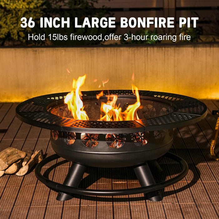 36 Inch Fire Pit with 2 Cooking Grills Outdoor Wood Burning BBQ Firepit