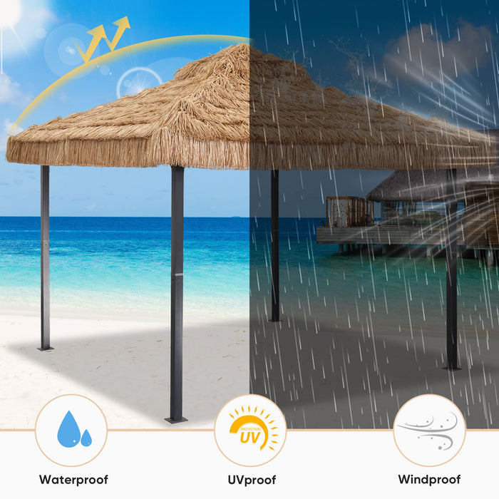 GDY 10x10 Thatched Tiki Bar Gazebo, Patio Gazebo with Straw Thatch Roofing, Hawaiian Style Canopy Tent, Suitable for Courtyards, Exhibitions, Camping, Bar, Khaki.