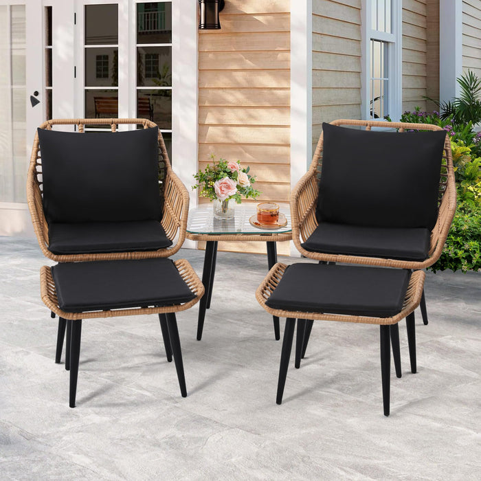 KROFEM 5 Piece Wicker Bistro Patio Conversation Furniture Set, Includes 2 Chairs, 2 Ottomans, and Side Table, Ideal for Porch, Balcony, Deck, Backyard, Natural
