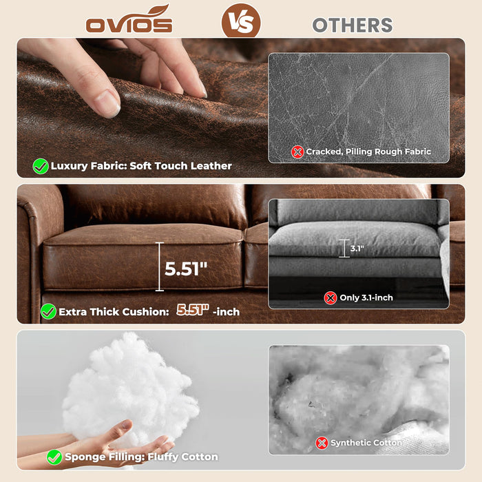 ovios 73.6" Sofa Couch, Mid Century Modern Sofas Couches with Comfy Cushions, 3-Seater Faux Leather Deep Seat Small Sofa for Living Room Bedroom Office, Dark Brown