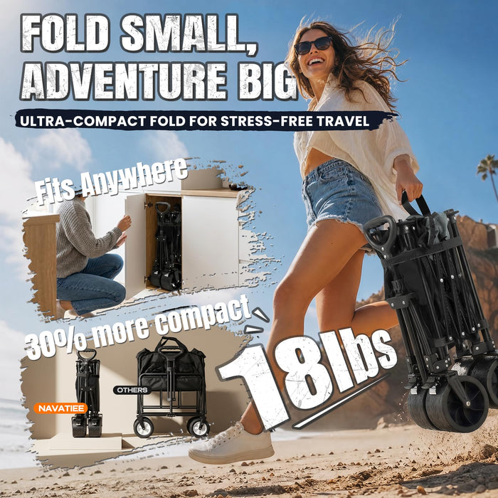Navatiee 330Lbs Collapsible Folding Wagon, Beach Wagon Cart Heavy Duty Foldable with Big Wheels, Utility Grocery Wagon with 165L Large Capacity for Camping Garden Sports, Black
