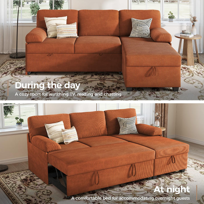 COPIAE 80 inch Convertible Sectional Sofa, L-Shaped Sofa Sleeper with Reversible Chaise,Couch Bed with Storage,Removable Armrest,Modern Pull Out Bed for Living Room Bedroom,Corduroy Rust