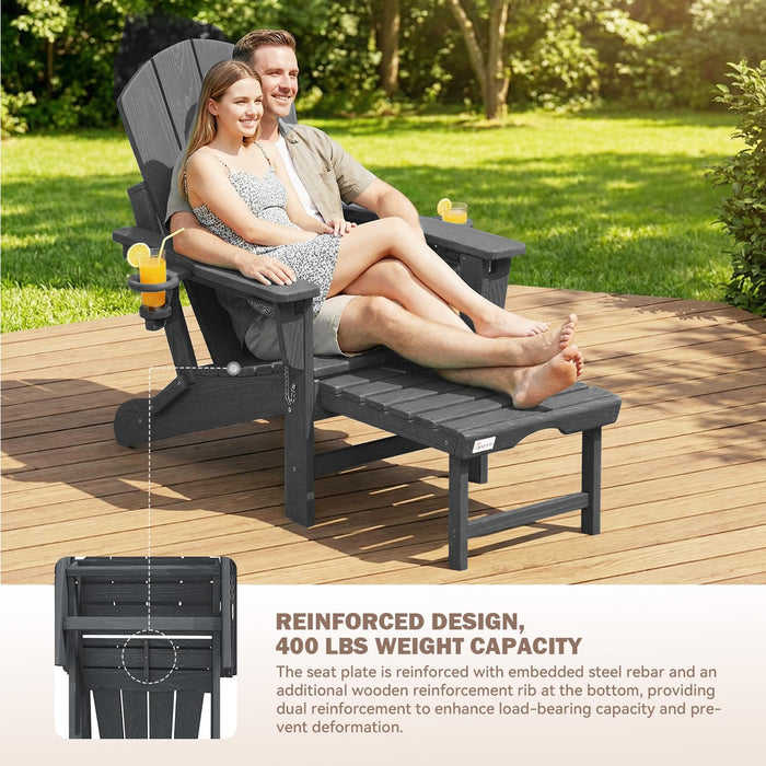Mdeam 3-Position Adjustable Folding Adirondack Chair, 20" W | 400LBS Capacity, Retractable Ottoman, Dual Cup Holders, Wood-Like HDPE Outdoor Patio Lounge Recliner Fire Pit Chairs for Porch Deck, Grey