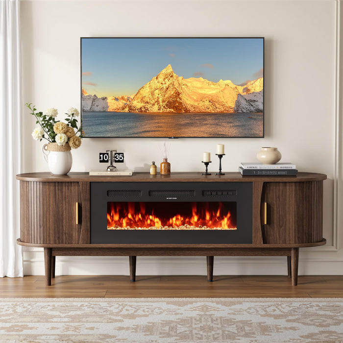Decofy 70″ Fluted Fireplace TV Stand for 80″ TVs, Entertainment Center with Fluted Sliding Tambour Doors & Adjustable Shelves, Modern Media TV Console Table for Living Room(Walnut)