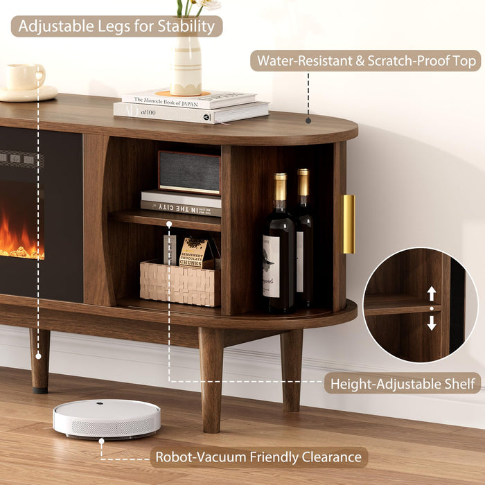 Decofy 70″ Fluted Fireplace TV Stand for 80″ TVs, Entertainment Center with Fluted Sliding Tambour Doors & Adjustable Shelves, Modern Media TV Console Table for Living Room(Walnut)