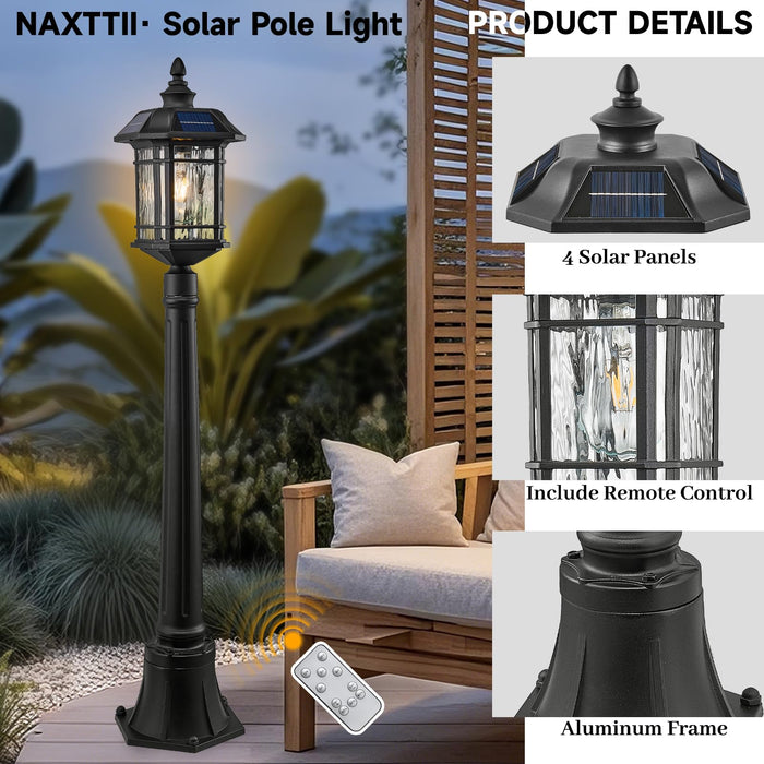 NAXTTII Solar Post Light with Water Ripple Glass Dusk to Dawn Outdoor Post Lights Hard Wired Waterproof 18.3 Inch Large Aluminum Lamp Post Outdoor Lighting Include Remote Control and LED Bulb