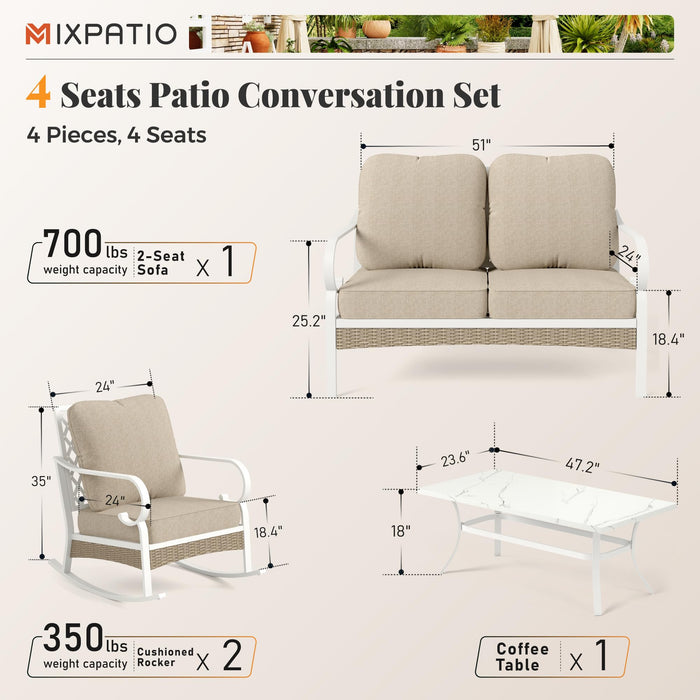 MIXPATIO 4 Piece Patio Furniture Set, 2 x Rocking Chair, 1 x 2-Seat Sofa with Marbling Coffee Table, All Cushioned 4 Seats Outdoor Conversation Set for Lawn Garden Backyard, Beige
