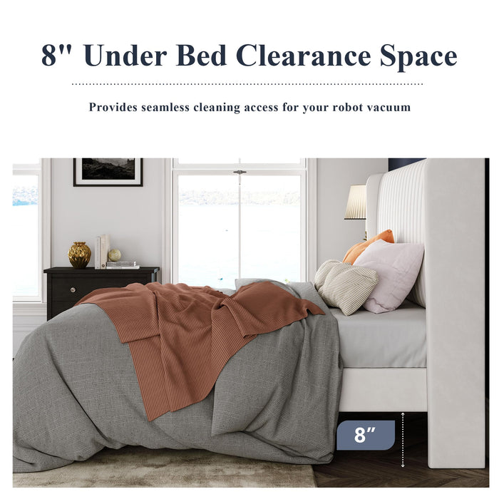 Allewie Queen Size Velvet Bed Frame/Vertical Channel Tufted Wingback Headboard/Upholstered Platform Bed/Strong Wooden Slats/No Box Spring Needed/Easy Assembly/White