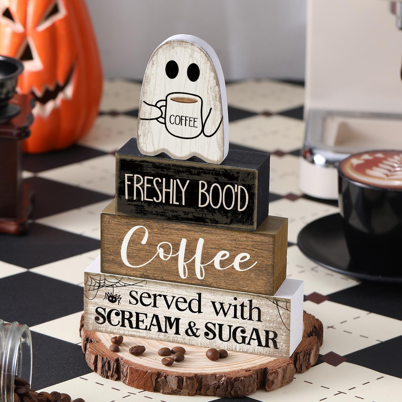 Lineshading 4 Pcs Halloween Coffee Table Decor Wooden Ghost Coffee Bar