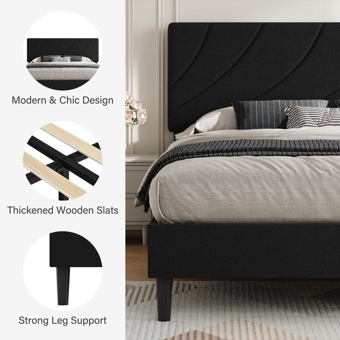 HOMBCK Twin Bed Frames, Upholstered Twin Bed Frame with Linen Fabric Headboard, Bed Frame Twin for Kids, Strong Wood Slat Support, No Box Spring Needed, Noise-Free, Easy Assembly, Black